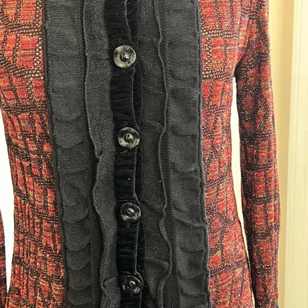 Liola Made in Italy Red Black Metallic Knit Ruffle Velvet Cardigan Size IT 42 - Picture 2 of 8